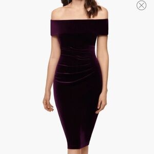 Scape Evening. Size 16. Women's Velvet Off-The-Shoulder Midi Dress in Burgundy